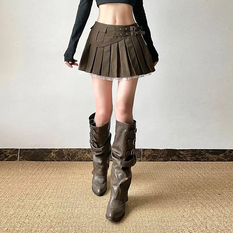 LIZAKOSHT  -  Girls' Wind Lace Stitching Tooling Skirt Spring and Summer High Waist Fashion Spice Girls Pleated Skirt