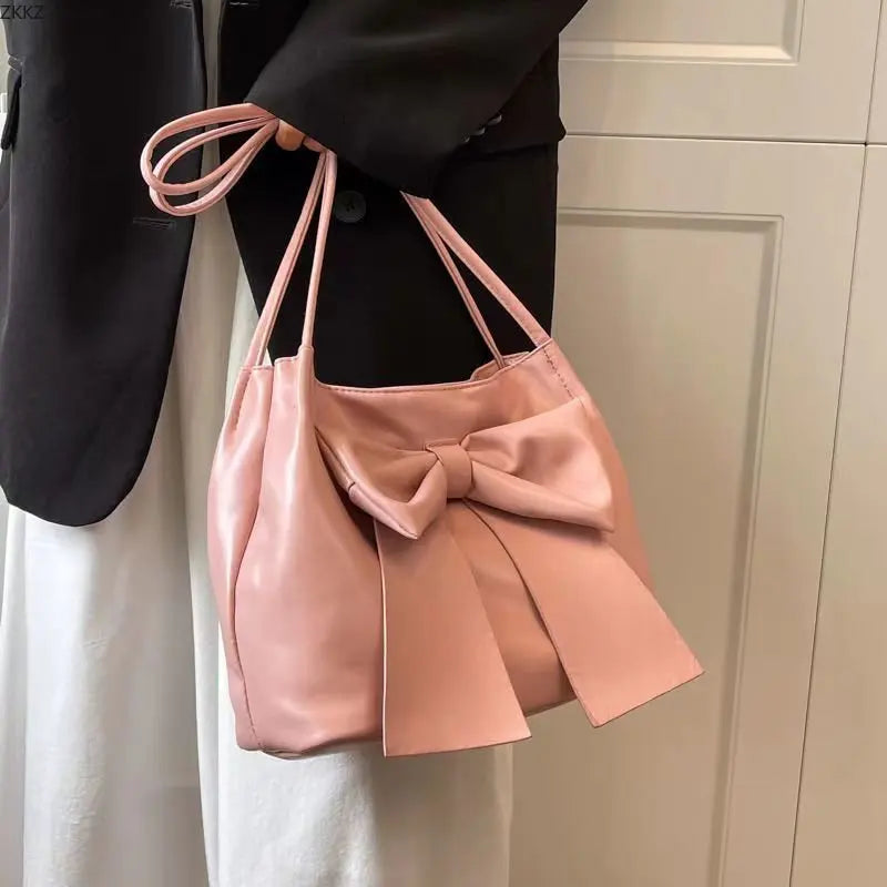 LIZAKOSHT  -  Large Capacity PU Leather Women's Shoulder Bag Fashion Portable Tote Bag New Commuter Bow Bag Solid Color Handbag