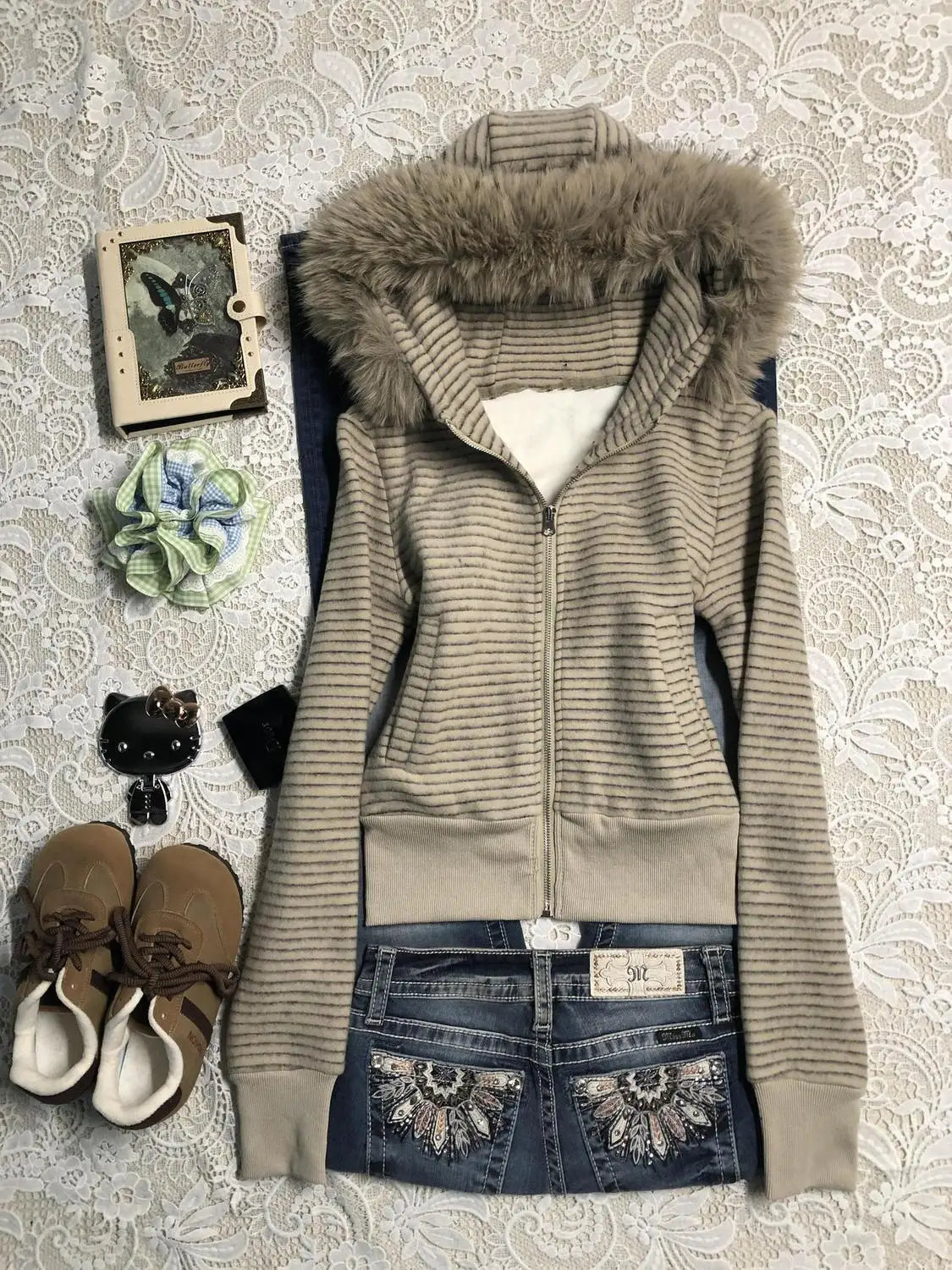 LIZAKOSHT  -  Punk Coat Y2k 2000s Vintage Faux Fur Collar Hoodie Zip-Up Woman Sweatshirts Goth Stripe Hot Girl Coat Winter Jackets Hip Hop Emo