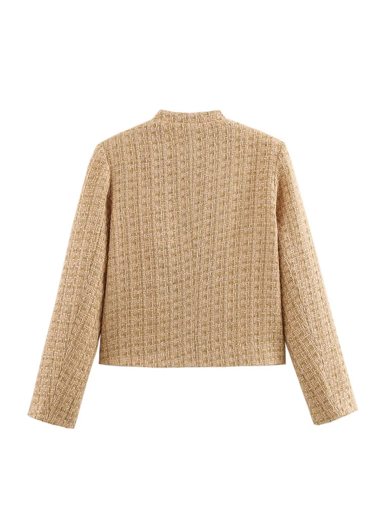 LIZAKOSHT  -  Vintage Women Elegant Tweed Golden Jacket Fashion Ladies Slim Single Breasted Jackets for Party Female Chic Outfits Cute