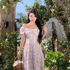 LIZAKOSHT  -  Summer Elegant Puff Sleeve France Style Dress High Waist Print Sweet Square Collar Holiday DressVintage One Piece Dress