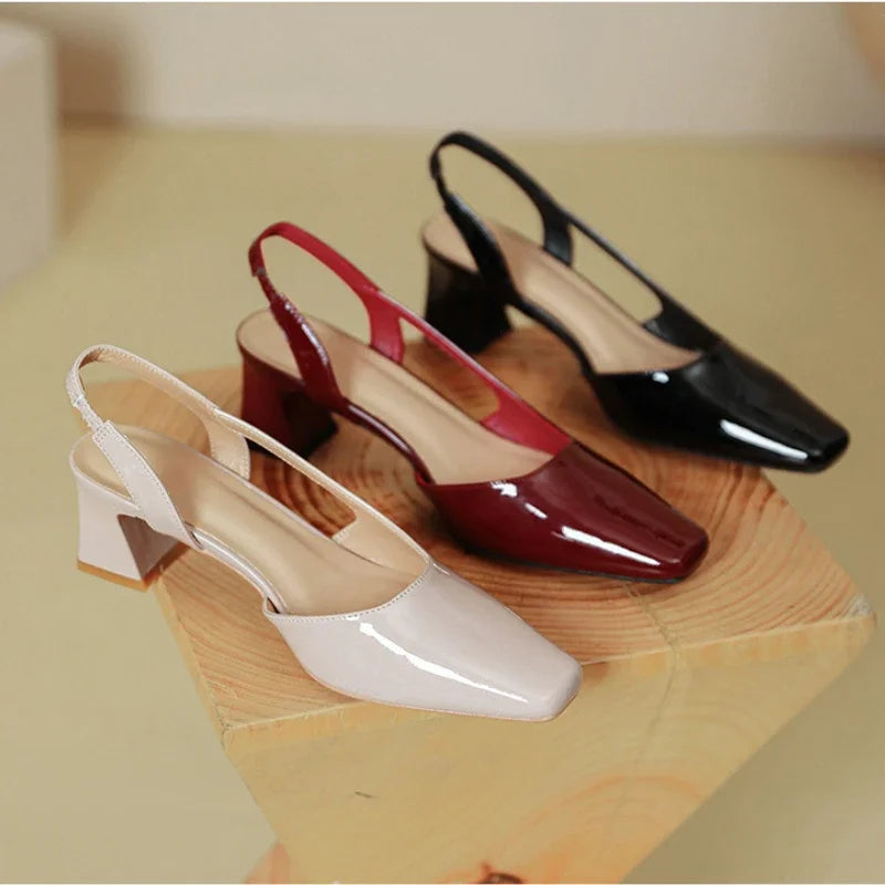 LIZAKOSHT  -  Patent Leather Chunky Sandals Women Square Toe Pumps Elegant Office Women Shoes Comfort Leisure Fashion High Heels Sandals Women