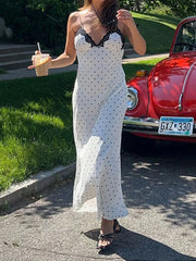 LIZAKOSHT  -  Lace Polka Dot Spaghetti Strap Dresses Sexy Hot Sweet Sleeveless Cloth Y2K Aesthetic Korean Fashion Women Outfits