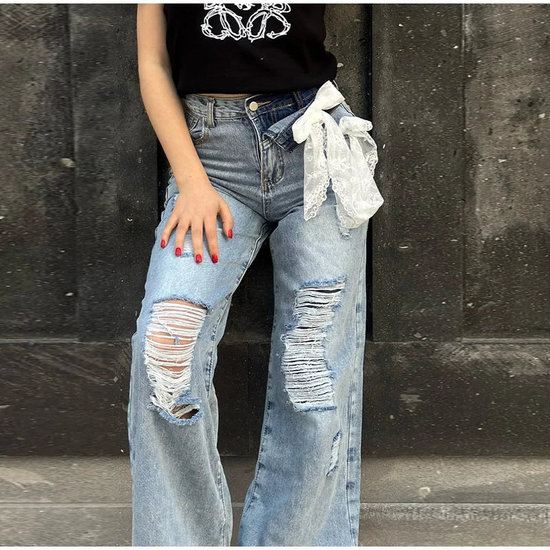 LIZAKOSHT  -  Y2k Bow Lace Ripped Holes Woman's Denim Pants Baggy Wide Leg Jeans Dragging Hollow Out Fashion Chic Casual High Street Pants