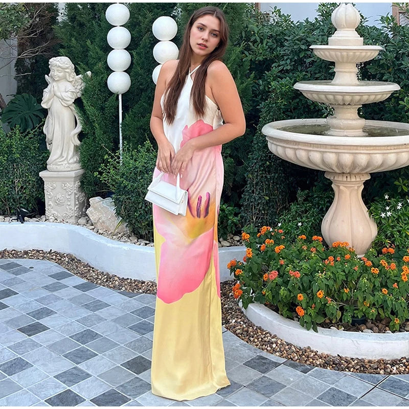 LIZAKOSHT  -  Elegant Print Halter Long Dress Women Backless Lace Up Sleeveless Beach Vestido Female 2025 Spring Summer Fashion Chic Dresses