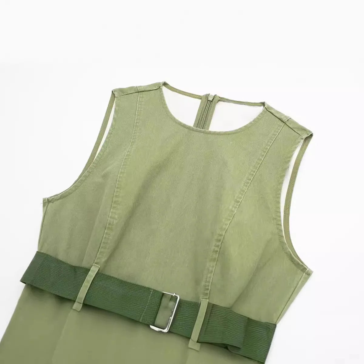 LIZAKOSHT  -  Europe and America Wind Spring New Round Neck Leisure Green Fashion with Belt Sleeveless Tooling Vest Skirt Dress