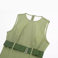 LIZAKOSHT  -  Europe and America Wind Spring New Round Neck Leisure Green Fashion with Belt Sleeveless Tooling Vest Skirt Dress