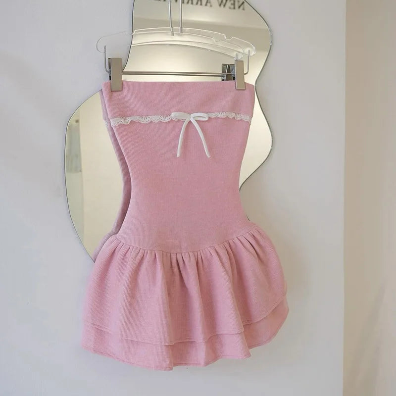 LIZAKOSHT  -  European American Style Summer New Women's Cloth Contrasting Color Splicing One-word Collar Chest-wrapped Ruffle Edge Slim Dress