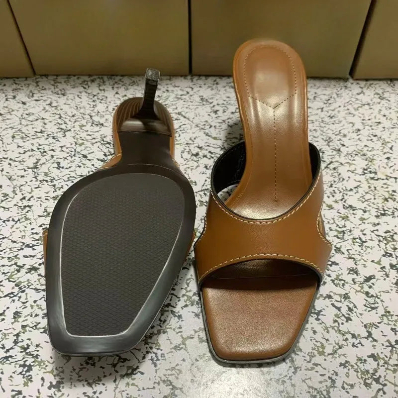 LIZAKOSHT  -  Retro Sewing Brown Women Mules Shoes Summer Casual Lightweight Open Toe Brand Stilettos Elegant Comfort Lady High Heels Sandals