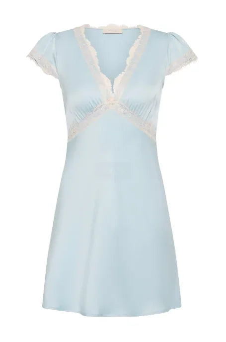 LIZAKOSHT  -  Women's Lace Trim Satin Mini Dress V Neck Puff Short Sleeve Empire Waist A-line Short Dresses Casual Elegant Lady Vestidos
