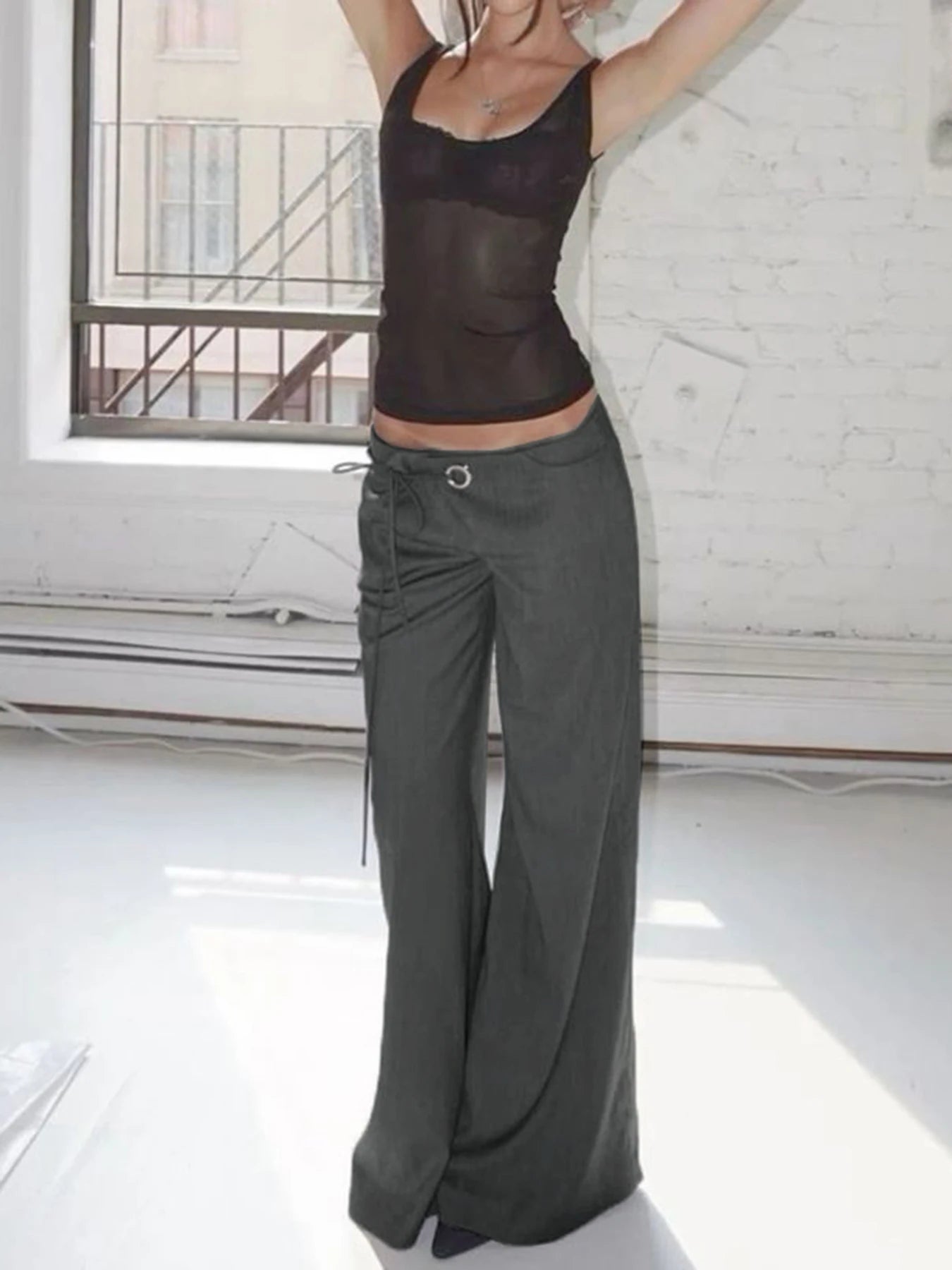 LIZAKOSHT  -  Lace Up Loose England Style Trousers Fashion Low Waisted Solid Pants Vintage Aesthetic Leisure Bottoms for Women