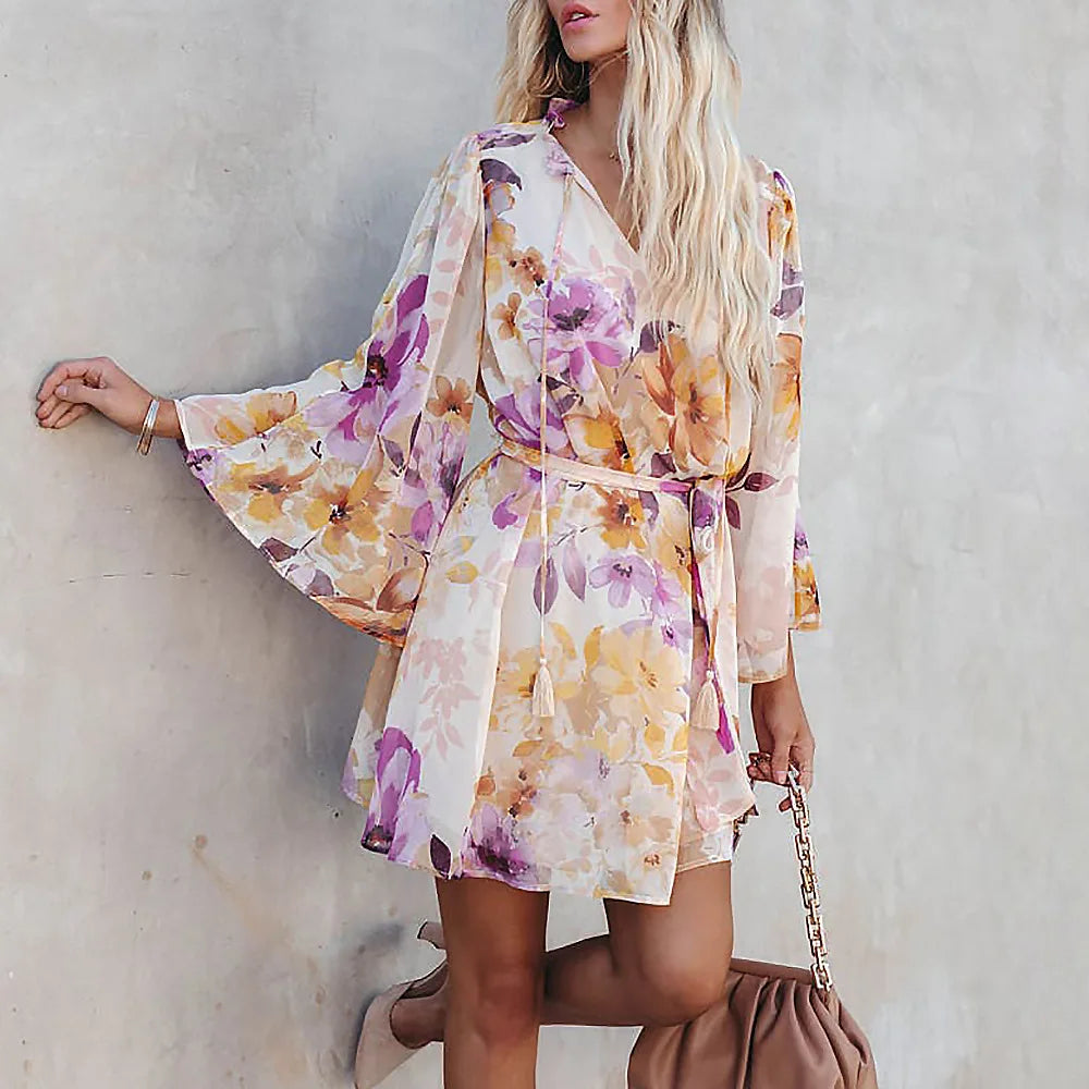 LIZAKOSHT  -  New Women's Fashionable Floral V-neck Long Sleeved Backless Lace Up Casual Dress