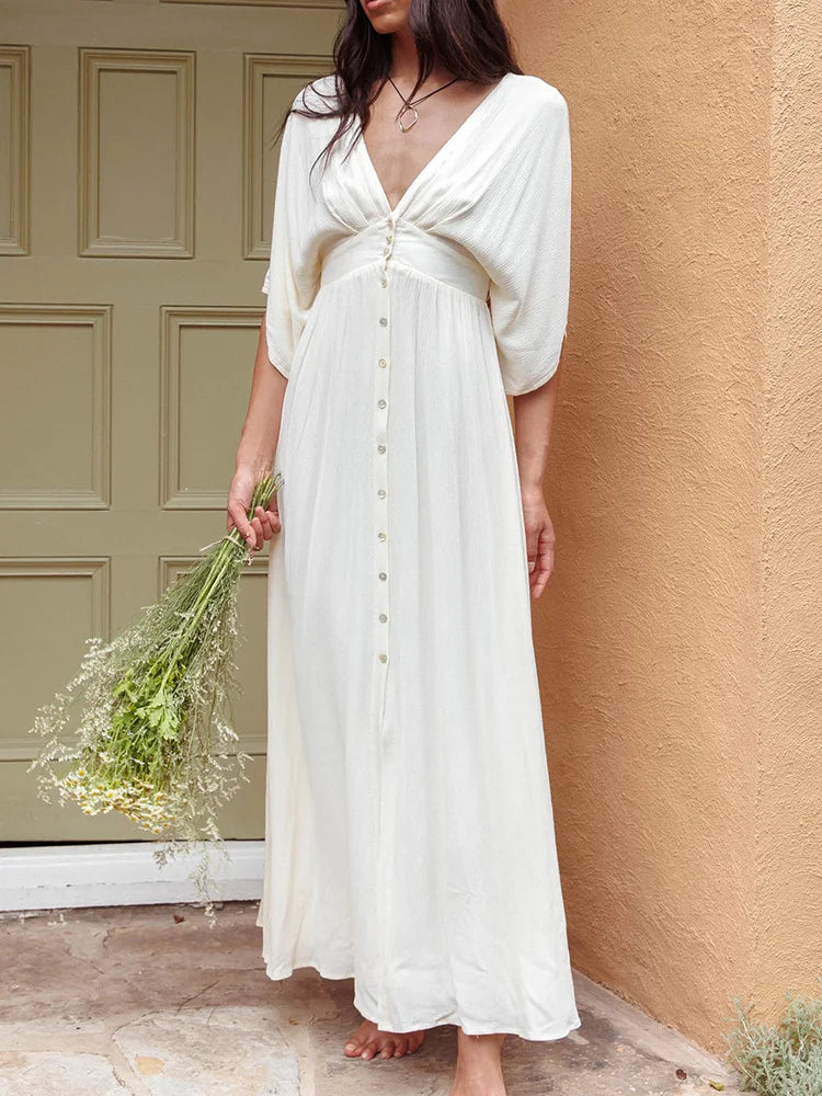LIZAKOSHT  -  Half Sleeve Elegant Loungewear Party Dress, Women Spring Summer Single-Breasted Maxi Dress, New Deep V-Neck Holiday Ladies Dress