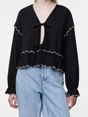 LIZAKOSHT  -  Casual Wave-edged Strap Blouse For Women V-neck Hollow Out Lace Up Ruffled Shirts Female Spring Summer New Chic Lady Tops