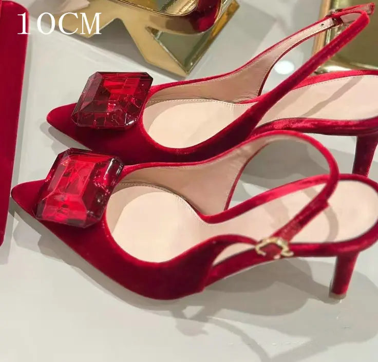 LIZAKOSHT  -  Summer New High-Heeled Shoes Pointy Square Buckle Crystal Shallow Mouth Thin Heels Elegant Sandals For Woman