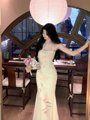 LIZAKOSHT  -  Sexy Backless Bodycon Printed Mesh Long Dresses for Women 2024 Summer New Korean Elegant Fashion Evening Party Female Clothing