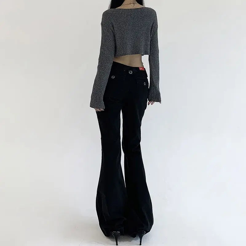 LIZAKOSHT  -  Flare Jeans Button Ribbon Low Rise Brown For Women Streetwear Y2K Aesthetic Cargo Jean Pants Vintage Denim Trousers