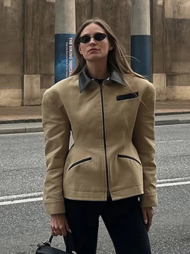 LIZAKOSHT  -  Casual Lapel Patchwork Coat Women Chic Long Sleeve Pockets Zipper Slim Fit Jacket 2025 Autumn Lady Daily Commute Outerwear