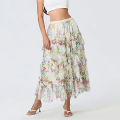 LIZAKOSHT  -  Early Fall Floral Print Ruffle Mesh Skirt Women Irregular Flowy A-line Midi Skirt for Travel, Beach, Shopping
