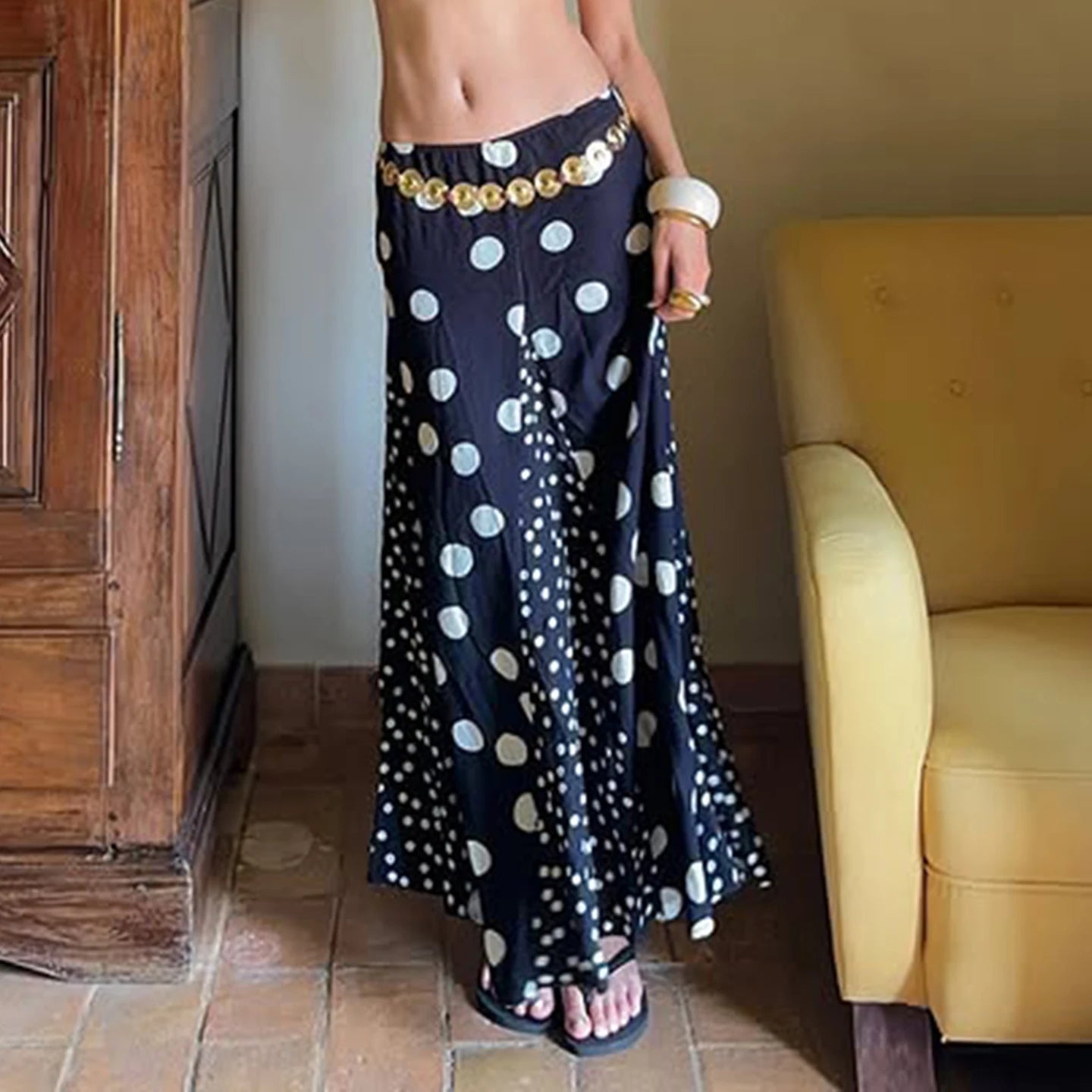 LIZAKOSHT  -  Contrasting Polka Dot Patchwork Elegant A-Line Knit Skirt Summer Vacation Beach Low-Rise Skirt Streetwear Women Clothes