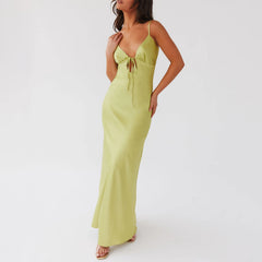 LIZAKOSHT  -  Women Cami Dress Solid Color Sleeveless Tie-Up Front Sleeveless Backless Dress Long Dress Summer Casual Spaghetti Strap Dress