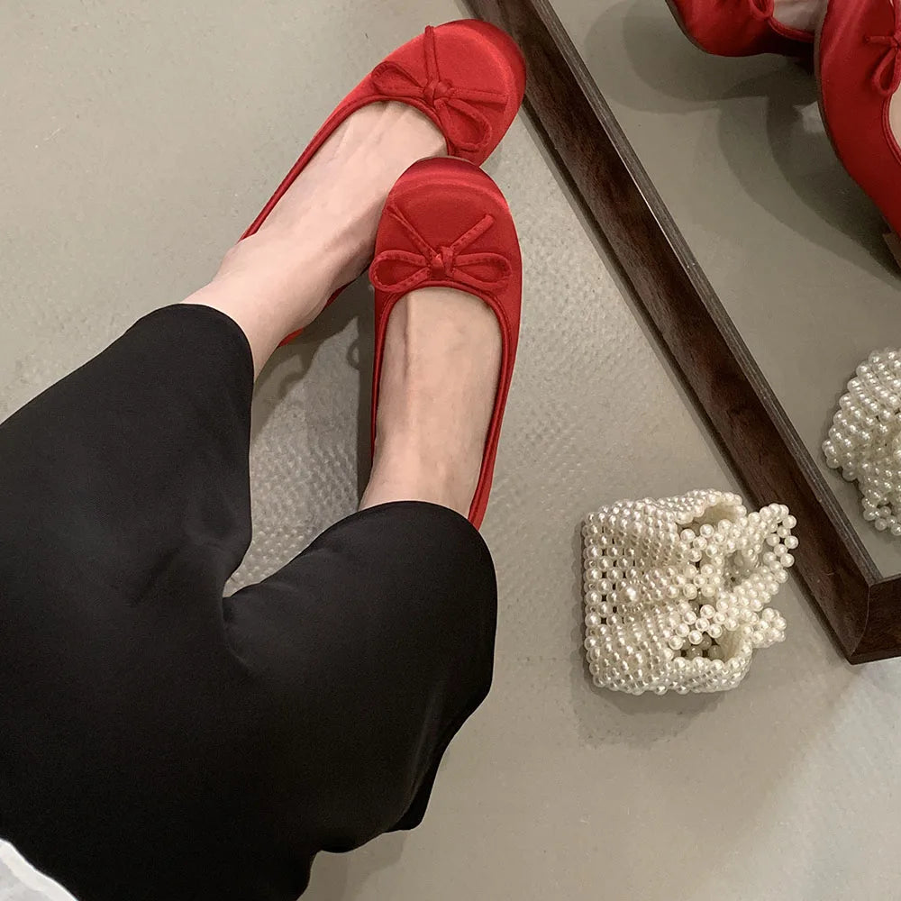 LIZAKOSHT  -  Brand New Women's Flats Ballet Shoes Sweet Round Toe Satin bow Soft Sole Daily Life Easy to Slip On Shoes for Office Lady