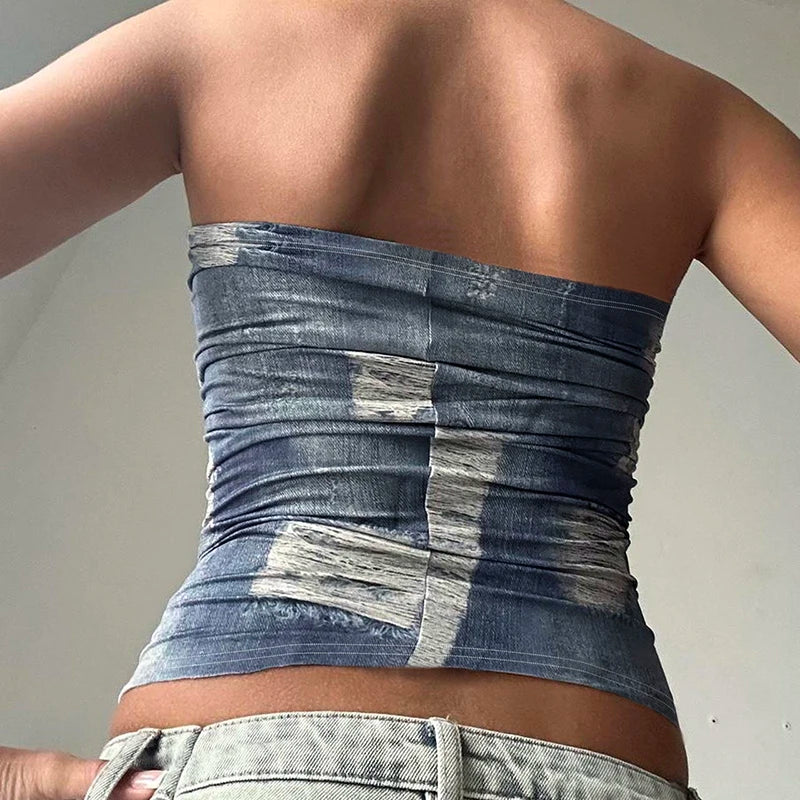 LIZAKOSHT  -  Fashion Imitation Denim Print Women Tube Top Y2K High Street Chic Fitted Sleeveless Crop Top Summer Sexy Tank Tops