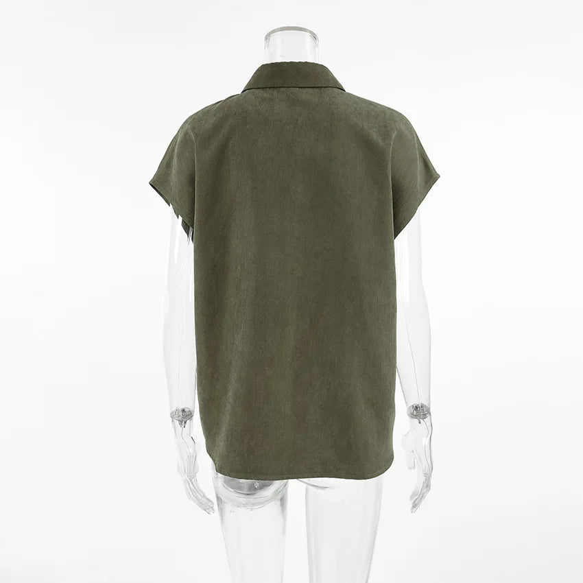 LIZAKOSHT  -  Summer 2025 Vintage Retro Green Blouse Shirt Women Turn-down Collar Single-breasted Pocket Sleeveless Casual Top For Women 55905