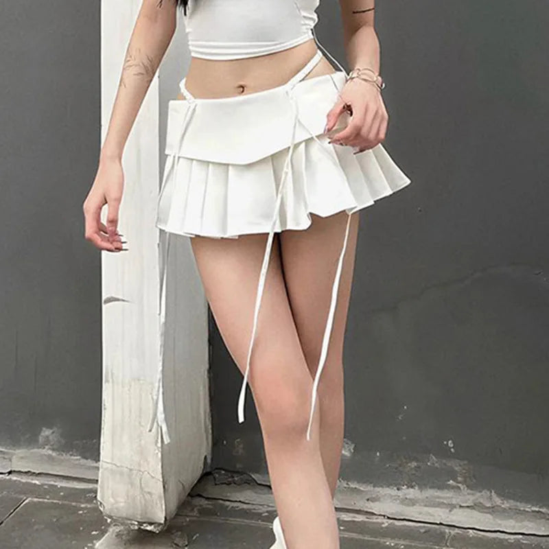 LIZAKOSHT  -  Solid Sweet Hollow Out Women Skirts Y2k Aesthetic A-line Pleated Mini Skirt High Waist Slim Streetwear Grunge Faldas Harajuku