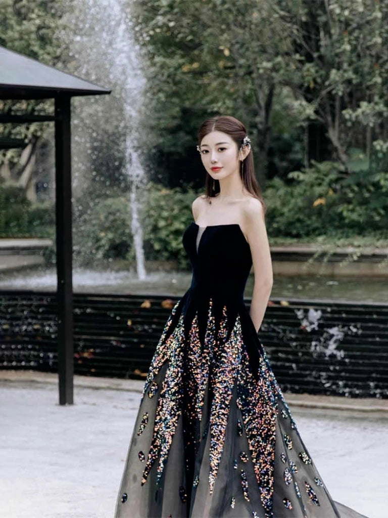 LIZAKOSHT -  Black Strapless Luxury Celebrity Dresses Sleeveless Velvet Sequins A-Line Exquisite Formal Evening Host Party Prom Gowns