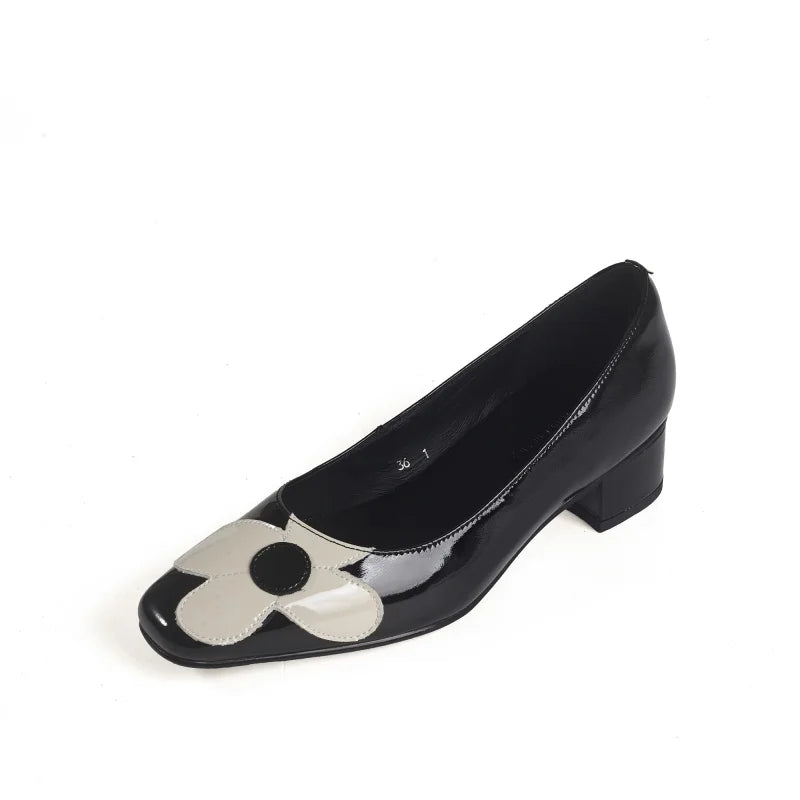 LIZAKOSHT  -  Fashion Pumps New High Quality Genuine Leather Shoes Round Head Flower Shallow Mouth High Heels Slip On Women's Shoes