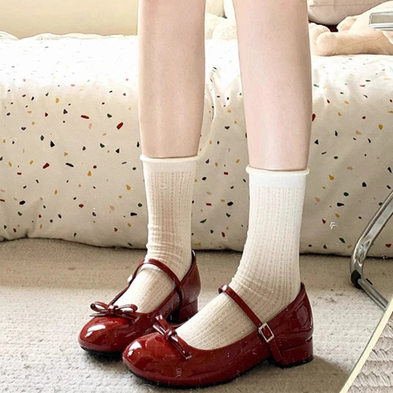 LIZAKOSHT  -  Spring Wine Red Women Mary Jane Shoes Shallow Ladies Casual Butterfly-knot Ballet Flat Shoes Eelgant Dress Leather Shoes