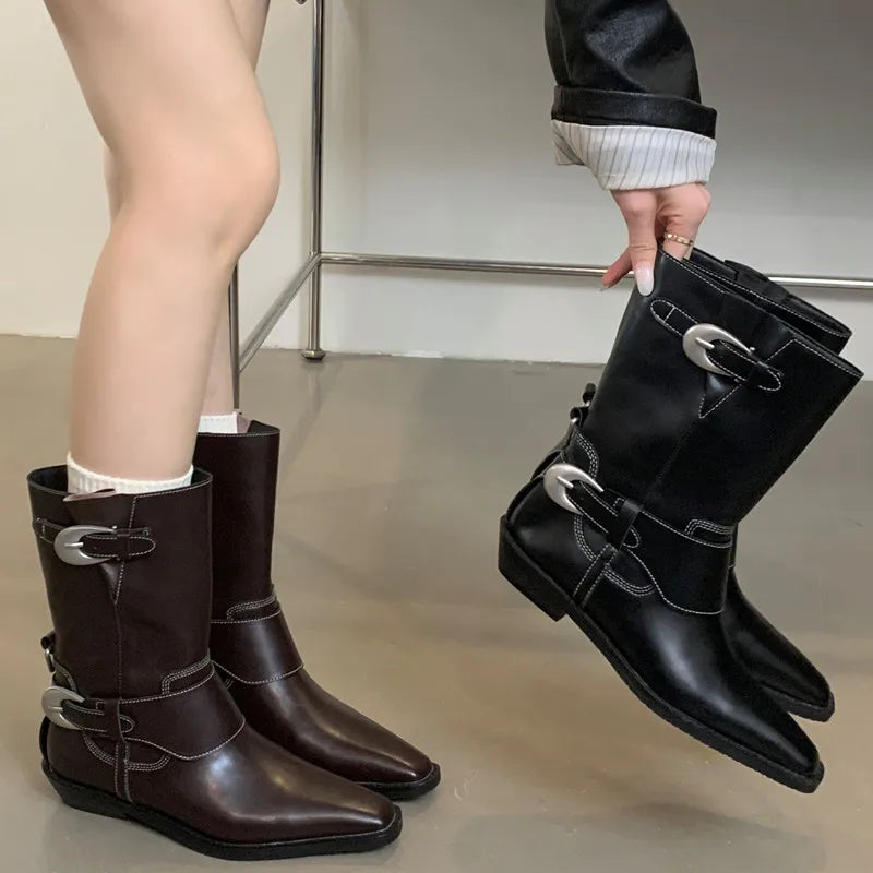 LIZAKOSHT  -  Belt Buckle Chelsea Boots For Women Mid Heel Western Pointed Toe Retro Solid Color Female Shoes Designer New Sewing All-matching