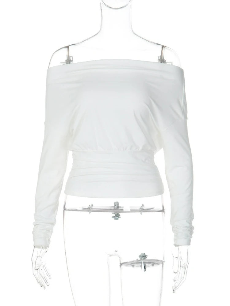LIZAKOSHT  -  Woman Clothing Slash Neck Corset T-shirts Fashion Long Sleeve Solid Color Slim T Shirt Ladies Tunics Tops Streetwear
