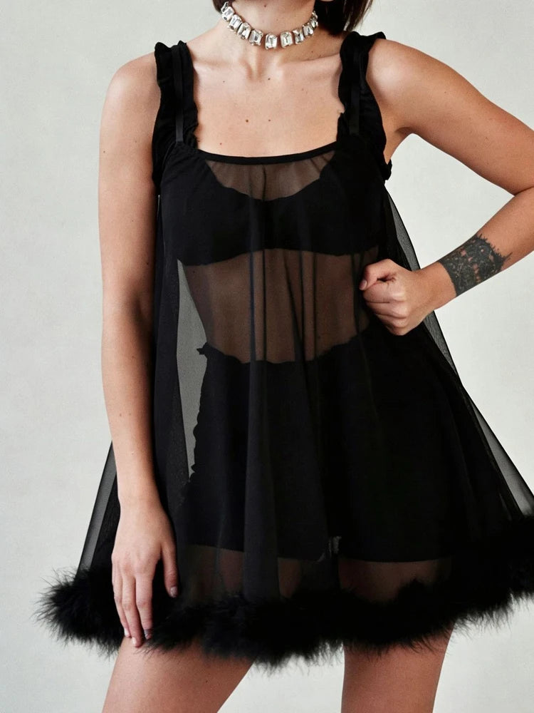 LIZAKOSHT  -  Sexy U Neck Mesh See-through Mini Dress Elegant Solid Sleeveless Hollow Out Lace Short Dress Hot Girl Black Cocktail Party Dress