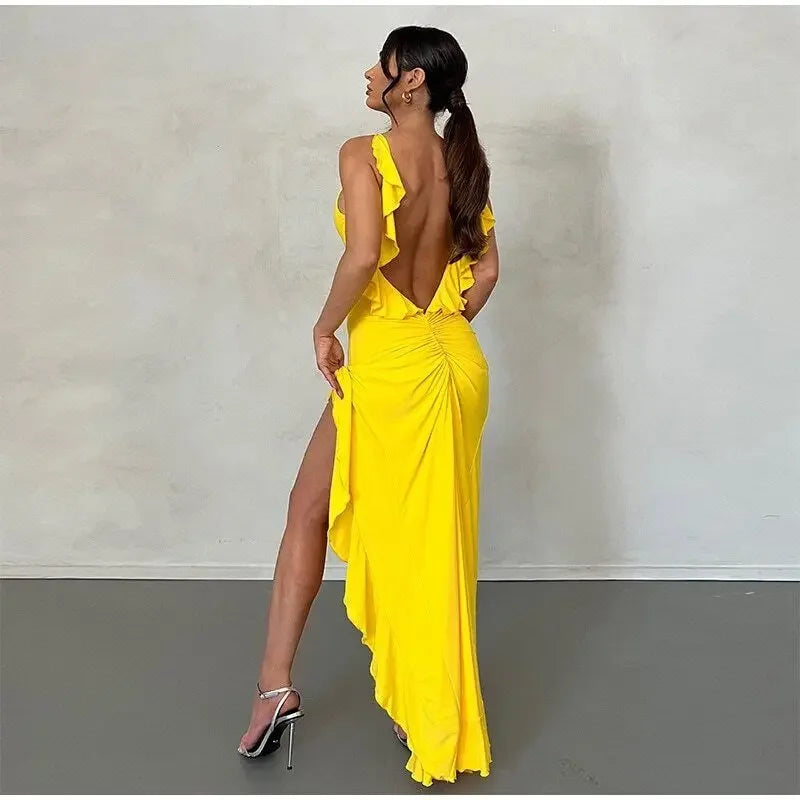 LIZAKOSHT  -  Sexy Split Women's Beach Gown V-neck Ruffle Backless Sleeveless Sling Dress