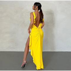 LIZAKOSHT  -  Sexy Split Women's Beach Gown V-neck Ruffle Backless Sleeveless Sling Dress