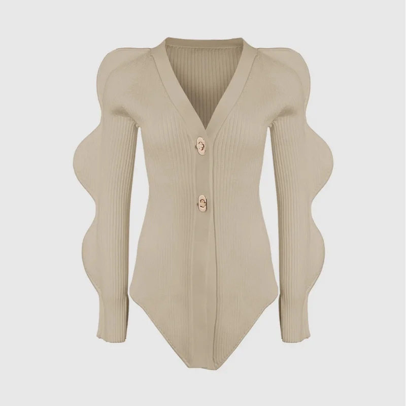 LIZAKOSHT  -  V-Neck Shoulder Pad Knit Jacket Woman Wavy Edge Sleeves Single Breasted Solid Color Slim Tops Versatile Causal Women's New Tops