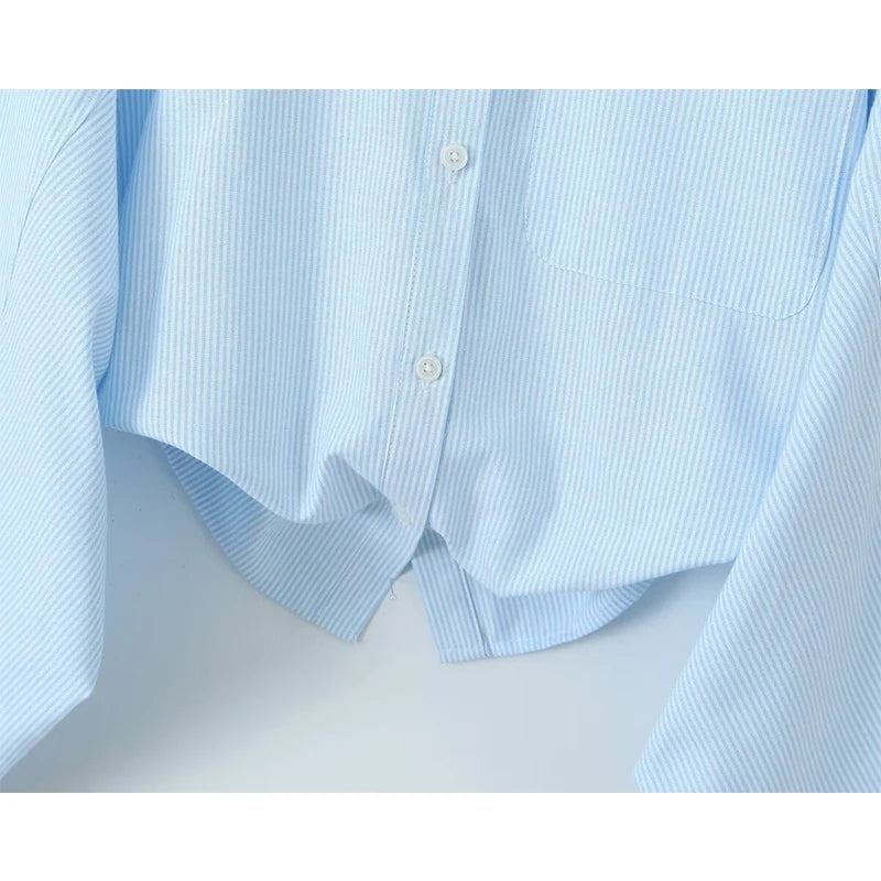 LIZAKOSHT  -  Spring 2024 Women Blue Striped Short Shirt Blouse Sexy Backless Lapel Streetwear Ladies Shirts  Batwing Sleeve Blusas Mujer