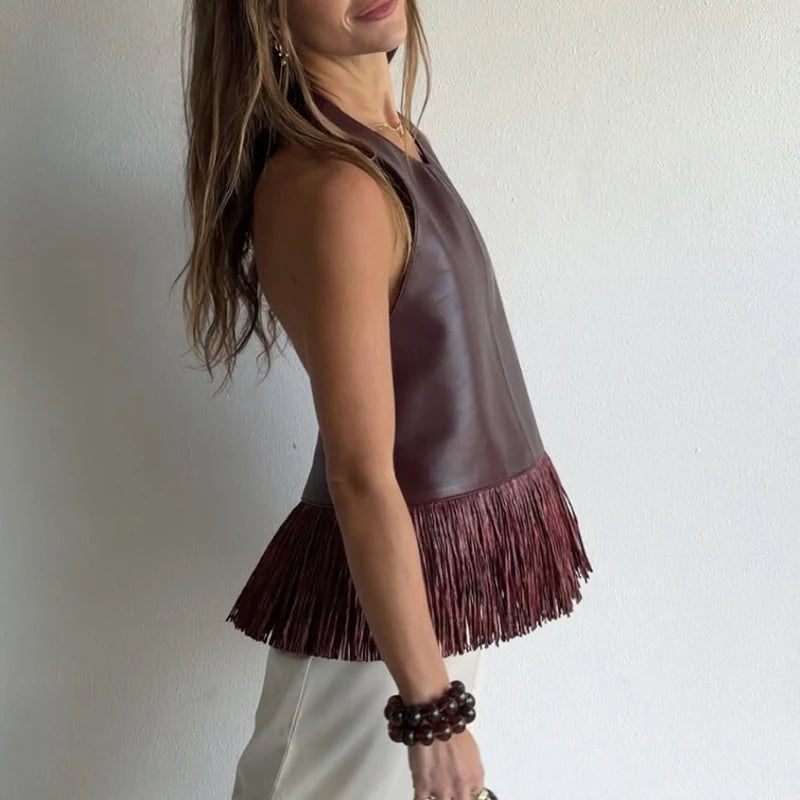 LIZAKOSHT  -  Women's Elegant O-neck Tassel Splicing Vest Fashion Commute High Waist Summer Tank Tops Casual Street Solid PU Leather Blouses