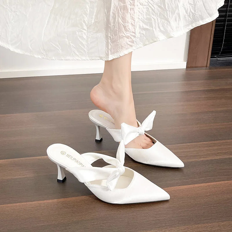 LIZAKOSHT  -  Silver Mules Women's Ribbon Bowknot Silk High Heels Slippers Pointed Toe Kitten Tacones Femme Party Wedding Shoes Ladies Sandals