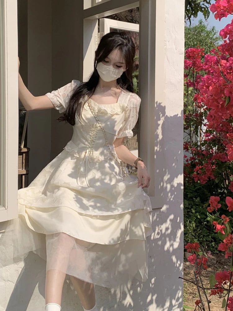 LIZAKOSHT  -  Puff Sleeve Korean Fashion Dress Women Lace France Style Vintage Midi Dress Female White Bandage Princess Retro Sweet Dress