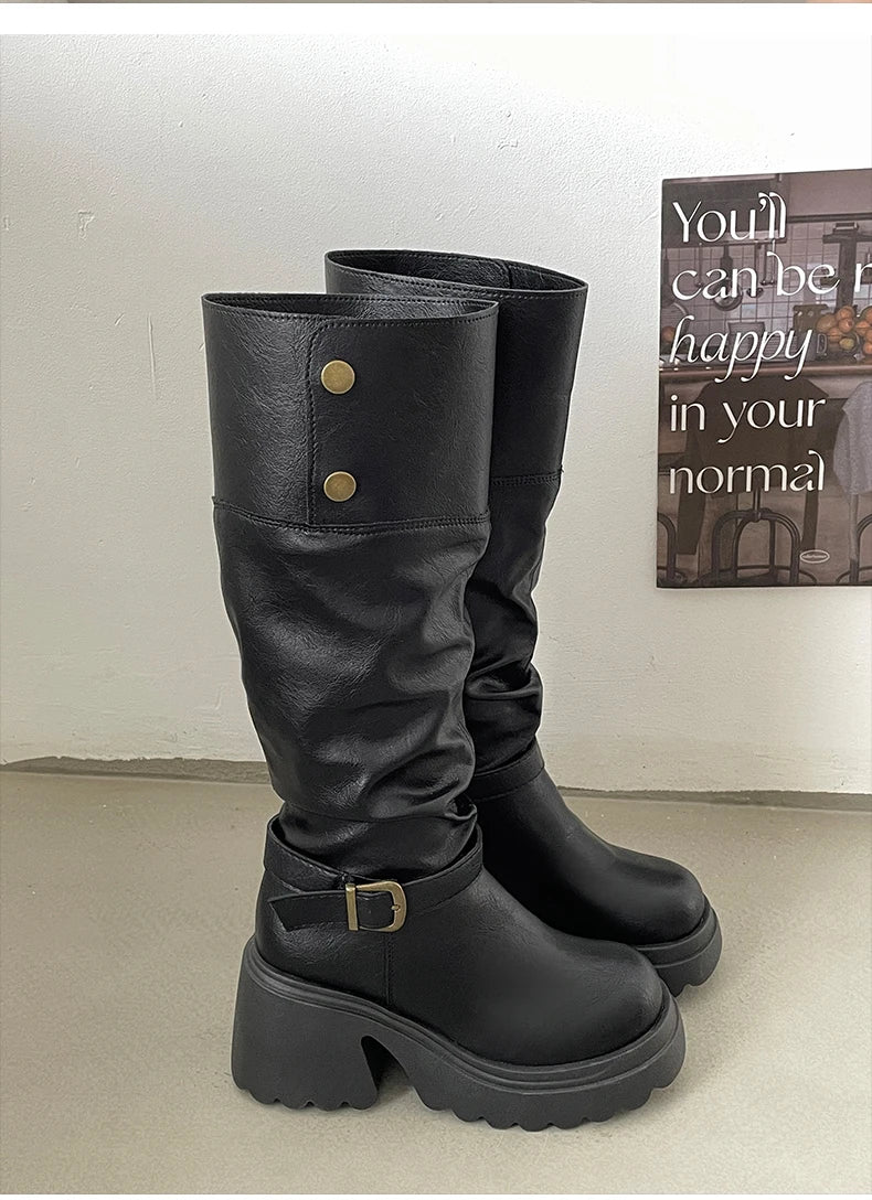 LIZAKOSHT  -  Winter Punk Style Woman Platform Knight Boots Fashion Belt Buckle Shoes Ladies Concise Height Increase Long Booties