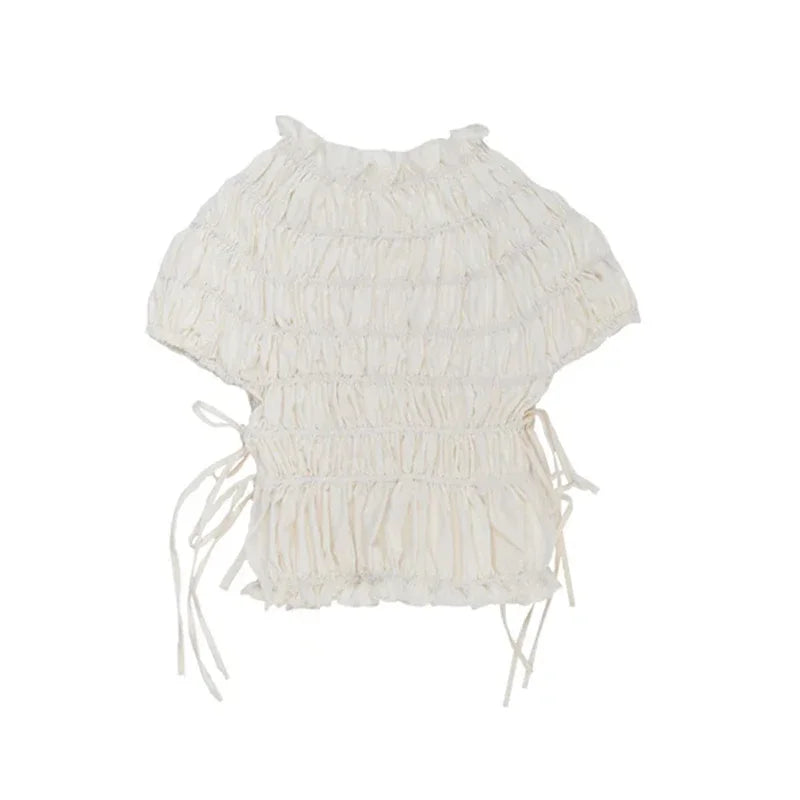 LIZAKOSHT  -  Elegant Pleated Lace Up Top Women Hallow Out Solid Short Sleeve High Neck Shirts Female Spring summer Versatile Street Tops