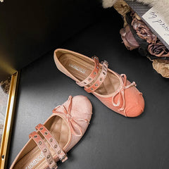 LIZAKOSHT  -  round toe pink velvet flats shoes for woman double band bowtie ballerina shoes rivets button mocasines lolita big shoes size 43