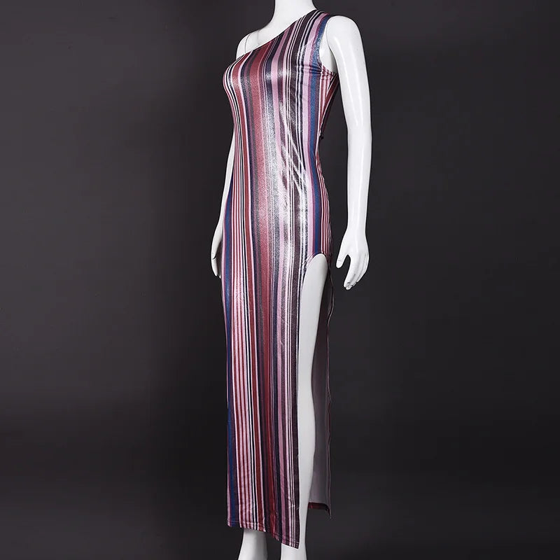 LIZAKOSHT  -  Elegant Slant Neck Irregular Wrap Hip Dress Women Fashion Striped Stamped Slim Fit Long Dress Sexy Split Sleeveless Party Dress