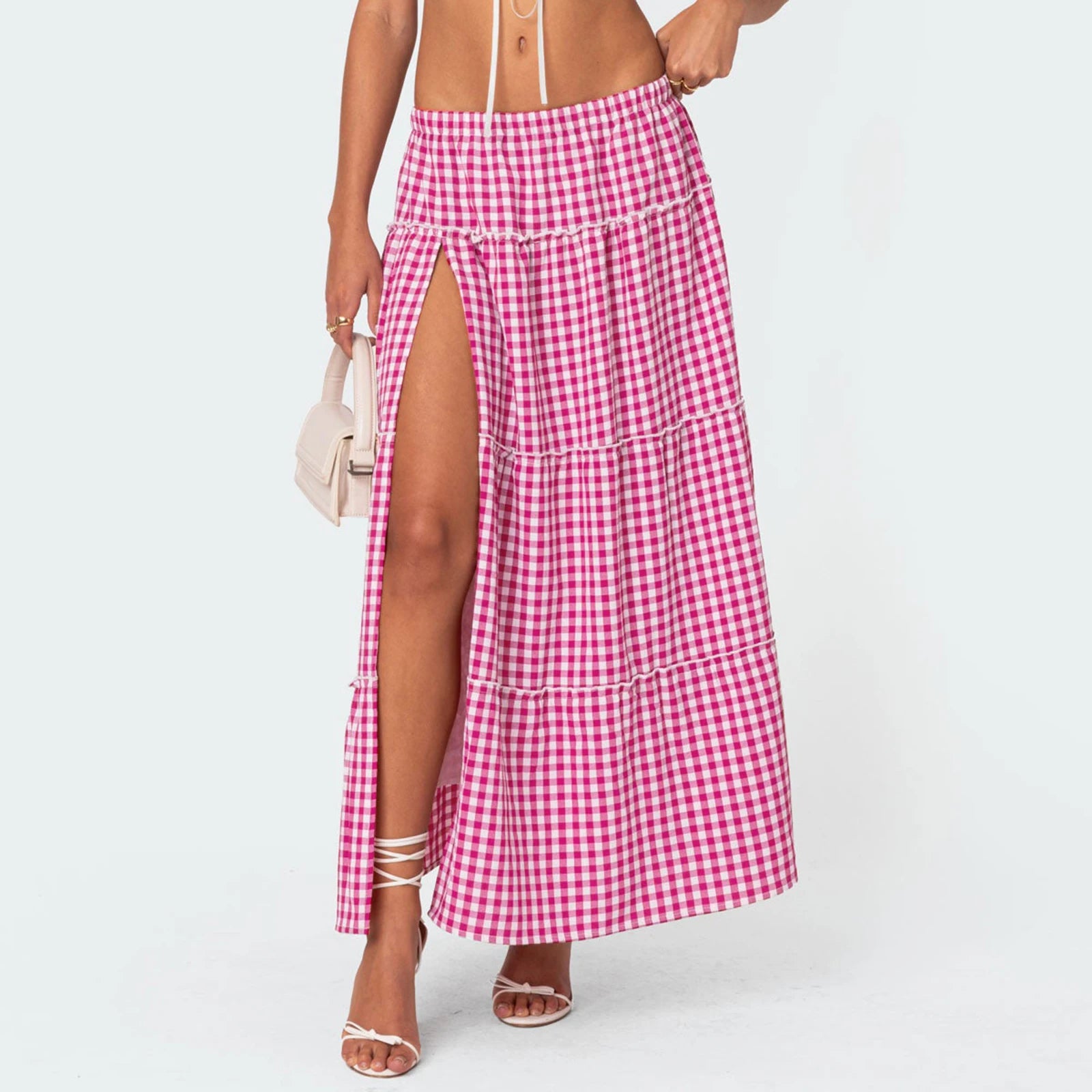 LIZAKOSHT  -   Vintage Plaid Maxi Skirts for Women Y2K Elastic Waist Side Slit Tiered Skirt Summer Flowy Gingham A Line Long Skirt