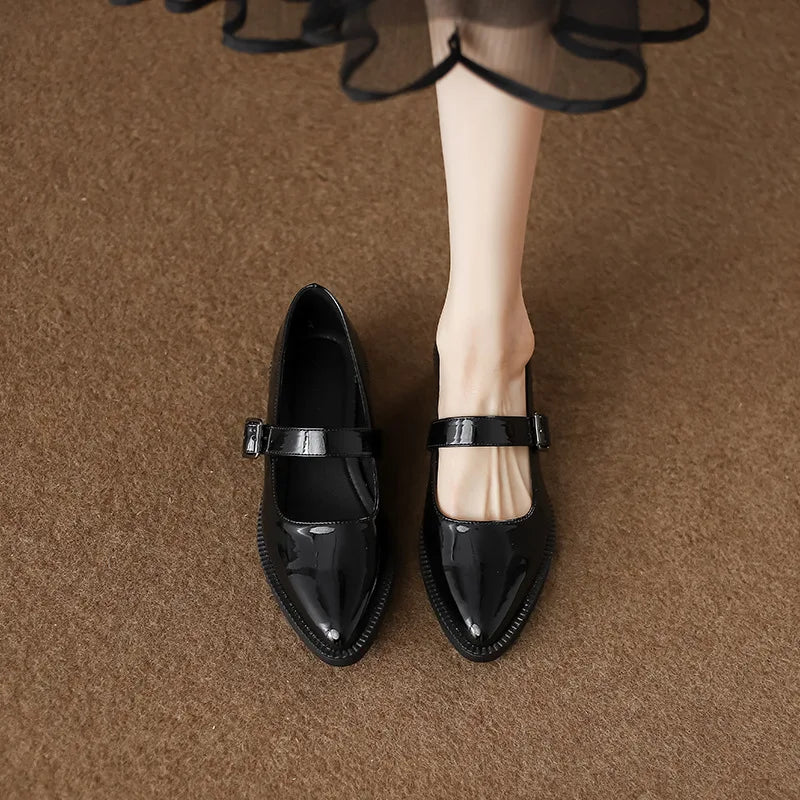 LIZAKOSHT  - Patent Leather Buckle Strap Oxfords Woman Pointed Toe Shoes Low Heel Flats Ladies Mary Janes Lolita Derby Loafers Femme Sneakers