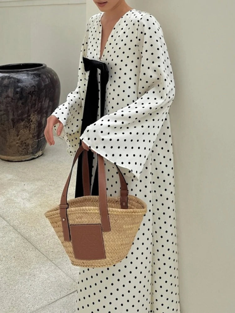 LIZAKOSHT  -  Elegant Bow V-Neck Floral Polka Dot Maxi Dress For Women Long Sleeves Loose Contrast Party Dress Evening Women Maxi Dress