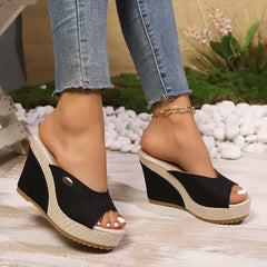 LIZAKOSHT  -  Lightweight Stylish Linen Sandals Women's Solid Color Linen Wedge Sandals Casual OpenToe Platform Shoes Ladies Sandals